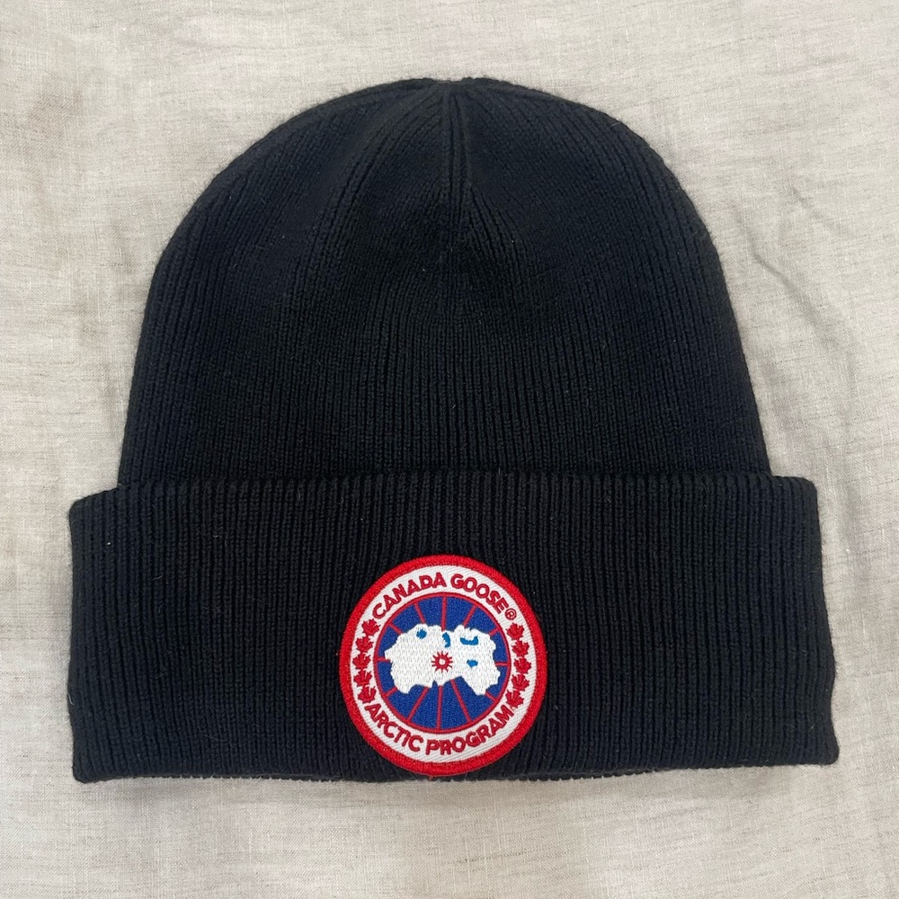 Canada Goose Arctic Black Ribbed Cuff Beanie with Logo Patch